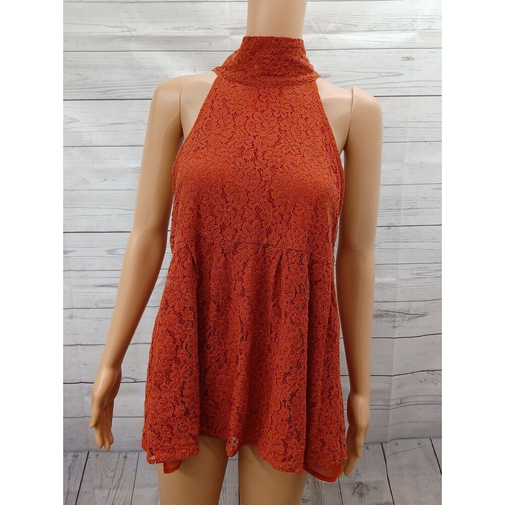 Entro Lace Rust Orange Mock Neck Tie Back Sleeveless Swing Top Sz M